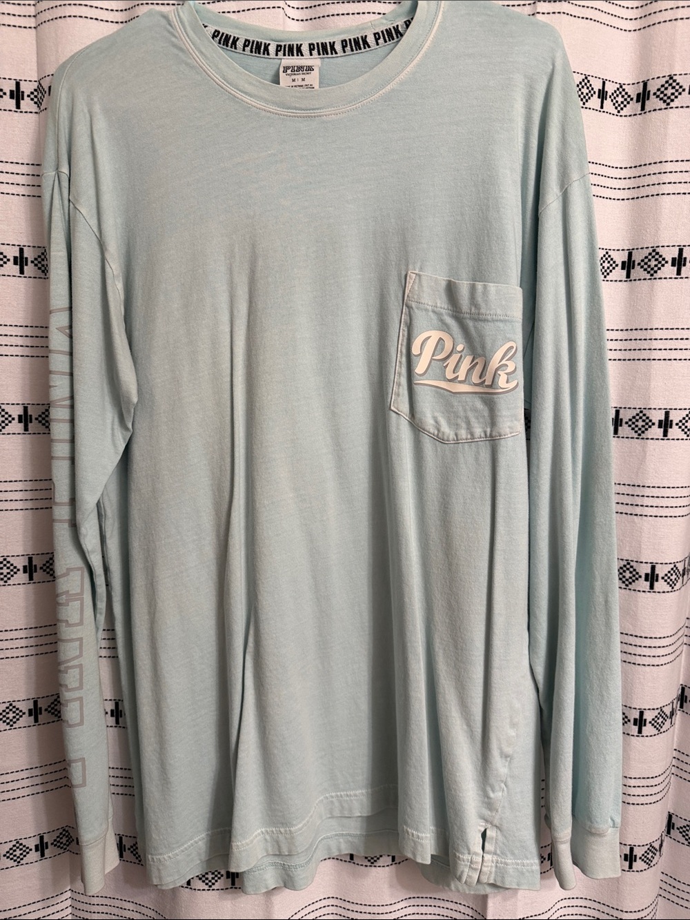 PINK Victoria's Secret Light Mint Long Sleeve Tee distressed w/ white Pink Logo